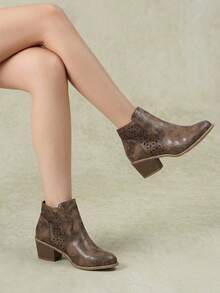 Styleloop Women's Pointed Toe Buckle Design Casual Western Style Ankle Boots Valentine's Day Vacation Outfits Travel Essentials Cowboy Boots - Dark brown + hollow - View 3