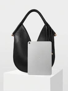 MOTF WOMEN'S FASHION BLACK SHOULDER BAG, WOVEN HANDLE FRINGED DECORATION, SIMPLE V-SHAPED ROUND TOTE BAG, FOR DAILY, COMMUTING, SHOPPING - Black - View 5