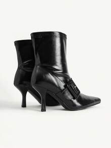 CUCCOO CHICEST Women's Fashion Pointed Middle Heel Square Bag Buckle Black Oily Leather Fabric Slip-On Medium Boots Fall Boots - Black - View 5