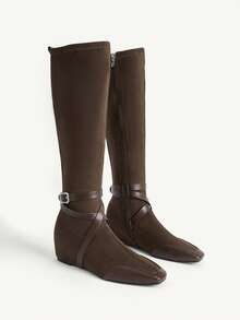 CUCCOO CHICEST Dark Brown Imitation Suede Rhinestone Square Buckle Strap High Boots, Maillard Style Square Toe Invisible Inner Heightening Long Knight Boots Fall Boots - Brown - View 2