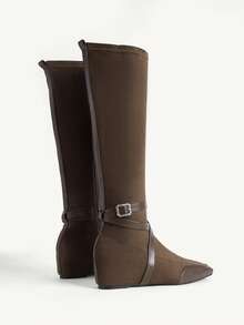 CUCCOO CHICEST Dark Brown Imitation Suede Rhinestone Square Buckle Strap High Boots, Maillard Style Square Toe Invisible Inner Heightening Long Knight Boots Fall Boots - Brown - View 5