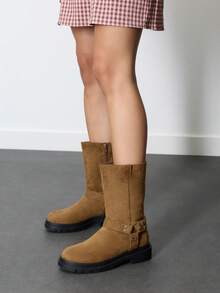 Nöista Mid-Calf Microfiber Boot With Biker-Inspired Harness Detail, Chunky Lug Sole And Pull Tab For An Effortless Look. - Brown - View 4