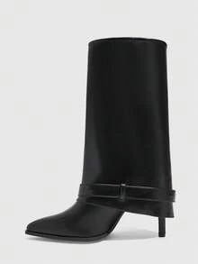CUCCOO SZL Women's Autumn And Winter Pointed Heel Sleeve Simple Versatile Pile Boots Skinny Medium Boots - Black - View 4