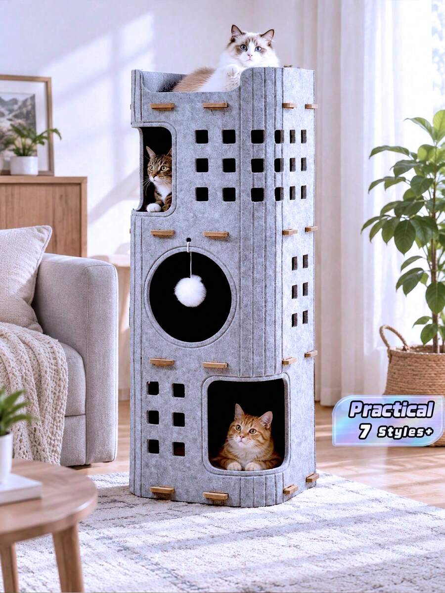 Hollowed-Out Felt Cat House, Multi-Level Ventilated Kitten Apartment Tree, All-Season Indoor‑Outdoor Cat Bed, With Built‑In Scratching Posts, Resting Areas, And Hiding Caves, Enclosed Cat Tower Villa, Durable Cat Furniture And Toy - Multicolor - View 1