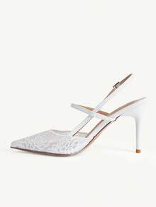 CUCCOO CHICEST Women's Fashion And Sexy Pointed Toe Round Vamp Back Empty Toe Rose Pattern Lace Fabric. High Heel Fine Heel Paint And Apricot Cross Mules - White - View 6