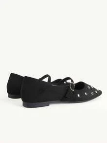 CUCCOO CHICEST New, Imitation Suede Velvet Surface, Rivet Small Square Toe Design, With Buckle, Women's Flat Shoes, Fashionable And Versatile - Black velvet rivets - View 5