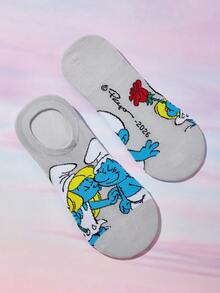 SHEIN X The Smurfs 6雙卡通圖案透氣柔軟船襪，加強腳趾與腳跟，適合四季穿著，女款/女孩，印花襪 - 雜色 - 查看 15