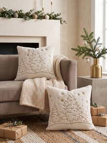 Cirelle 1pc/2pcs Christmas Faux Rabbit Fur Throw Pillow Covers, Golden Embroidered Decorative Pillow Shell With Reindeer,Snowflake, Snowman&Christmas Tree Motifs,Cream Neutral Winter Holiday Home Decor For Sofa, Bedroom,Living Room,Pillow Insert Not Included - Imitation rabbit fur golden embroidery thread pine tree - View 9