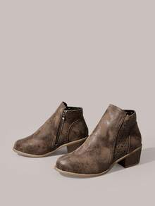 Styleloop Women's Pointed Toe Buckle Design Casual Western Style Ankle Boots Valentine's Day Vacation Outfits Travel Essentials Cowboy Boots - Dark brown + hollow - View 10