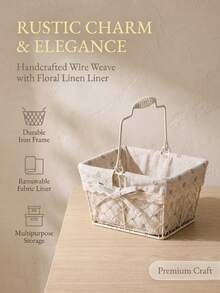 Haus Hana 1PC Rustic Wire Storage Basket, Metal Iron Frame With Floral Linen Liner & Lace Bow, Removable Lining, Multi-Use Organizer, Hold Sundries Snacks Cosmetics, For Kitchen Bathroom Picnic, Great Present For Housewarming - Multicolor - View 13