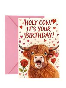 1件幽默高地牛「Holy Cow! It's Your Birthday!」生日卡，附信封，高級啞光紙，可愛高地牛與愛心插圖，適合牛迷的理想趣味生日卡 - 多色 - 查看 7