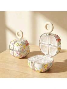 Floral 8-Compartment Pill Organizer: Compact Portable Pill Case With Floral Print, 8-Compartment Design. Lightweight Leak-Proof Plastic, Equipped With Handle And Carabiner For Bag Attachment, Moisture-Resistant Seal For Medication Storage. - Multicolor - View 7