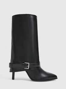 CUCCOO SZL Women's Autumn And Winter Pointed Heel Sleeve Simple Versatile Pile Boots Skinny Medium Boots - Black - View 2