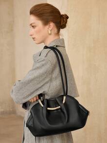 MOTF WOMEN'S FASHION BLACK SHOULDER BAG, EXQUISITE HARDWARE BUCKLE, SIMPLE FAN TOTE BAG, ZIPPER SHELL BAG, FOR DAILY USE, COMMUTING, SHOPPING - Black - View 5