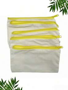 1SET 5PCS Solid Color Canvas Zipper Bags - Multifunctional Pencil Case Coin Purse Storage Organizer For School Travel Office Stationery Cosmetics DIY Graffiti - Yellow zipper - View 4