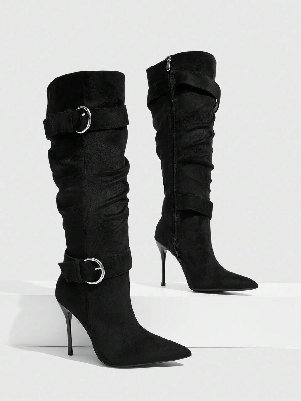 CUCCOO SZL Suede Pleated High Boots For Women, Pointed Heels Piled Boots, Autumn And Winter Street Spice Girl Atmosphere Boots Fall Boots