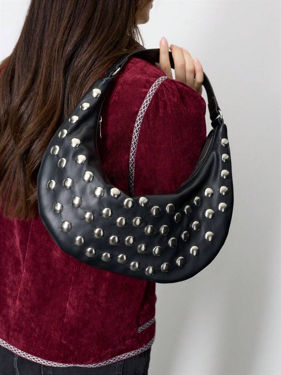 Nöista Black Hobo Shoulder Bag With Silver Stud Detailing, A Curved Silhouette And Adjustable Strap With Zip Closure. - Black - View 1