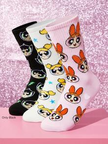 THE POWERPUFF GIRLS X SHEIN 1雙女款中筒襪，柔軟透氣、吸濕排汗休閒襪，卡通條紋圖案，時尚款 - 黑色 - 查看 6