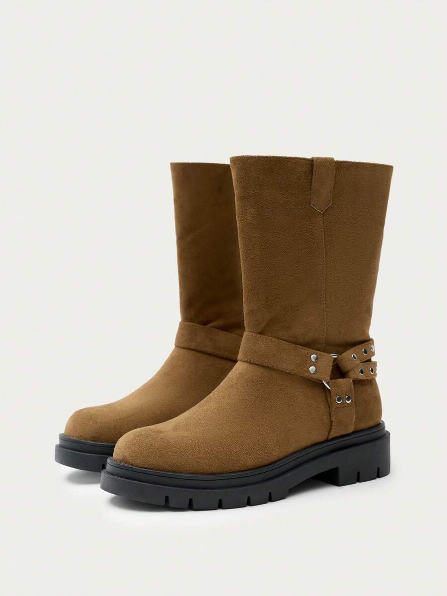 Nöista Mid-Calf Microfiber Boot With Biker-Inspired Harness Detail, Chunky Lug Sole And Pull Tab For An Effortless Look. - Brown - View 1