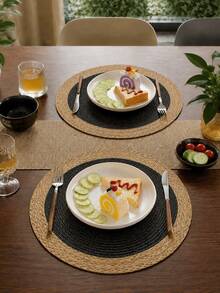 Round Dual‑Tone Woven Placemat, Heat‑Resistant Non‑Slip Braided Table Mat, PP Straw Insulation Hot Pot Pad, Rustic Decorative Round Dinner Plate Coaster For Kitchen Dining Table Home Party Banquet Decoration - Black - View 9
