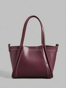 Ontre Women's Fashion Burgundy Handbag, Exquisite Collision Line, Simple Open Tote Bag, Suitable For Daily, Commuting, Dating, Shopping, Shopping - Burgundy - View 1