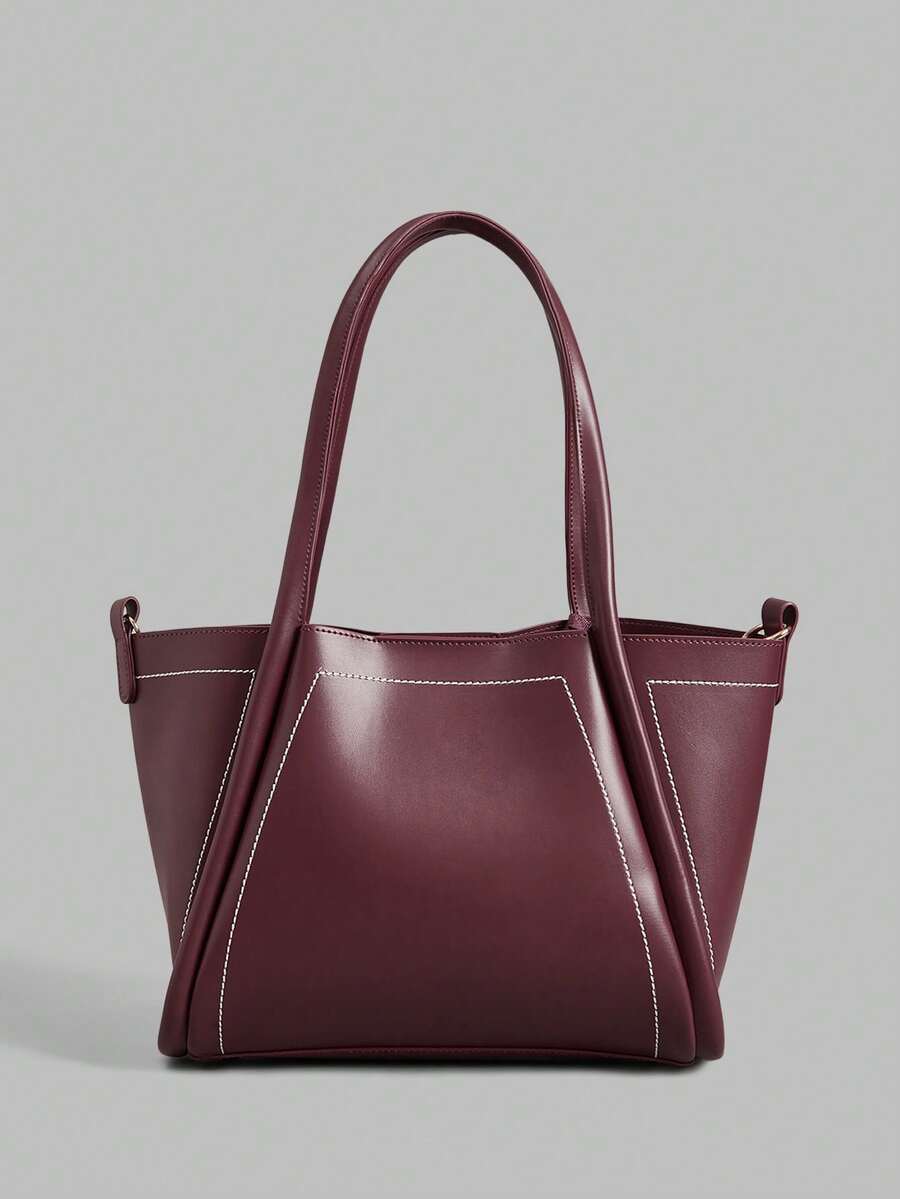 Ontre Women's Fashion Burgundy Handbag, Exquisite Collision Line, Simple Open Tote Bag, Suitable For Daily, Commuting, Dating, Shopping, Shopping - Burgundy - View 1