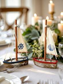 Cirelle 1pc Vintage Wooden Sailboat Decor, Rustic Nautical Boat Tabletop Ornament With Canvas Sail & Shell Pattern, Coastal Beach Theme Dining Table Decoration - multicolor - View 1