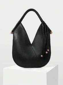 MOTF WOMEN'S FASHION BLACK SHOULDER BAG, WOVEN HANDLE FRINGED DECORATION, SIMPLE V-SHAPED ROUND TOTE BAG, FOR DAILY, COMMUTING, SHOPPING - Black - View 3