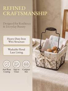 Haus Hana 1PC Rustic Wire Storage Basket, Metal Iron Frame With Floral Linen Liner & Lace Bow, Removable Lining, Multi-Use Organizer, Hold Sundries Snacks Cosmetics, For Kitchen Bathroom Picnic, Great Present For Housewarming - Multicolor - View 11