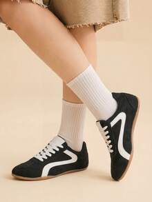 CUCCOO EASI Colorblock Retro German Training Shoes, Low-Top Lace-Up Suede Patchwork, Daily Commute Skate Shoes, Versatile Casual Sports Women's Shoes For Students - Black . . . - View 3