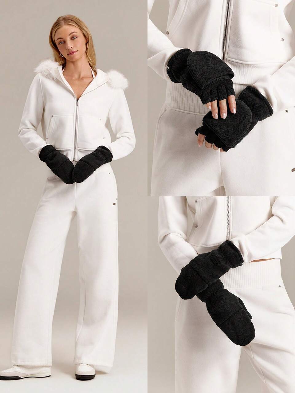 Cozy Fleece Flip-Top Gloves With Convertible Fingerless Design & Logo Daily Casual Outdoor Fall Winter Wear