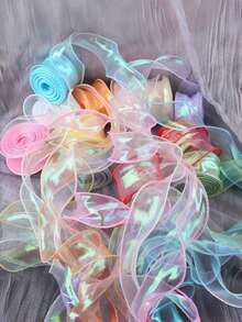 Gradient Iridescent Sheer Organza Ribbon Rolls, 4cm Width, About 9 Meters Per Roll, Shiny Transparent Chiffon Wavy Edge Ribbons For Gift Packaging, Floral Bouquet, Bow Making, Wedding DIY Decor - multicolor - View 3