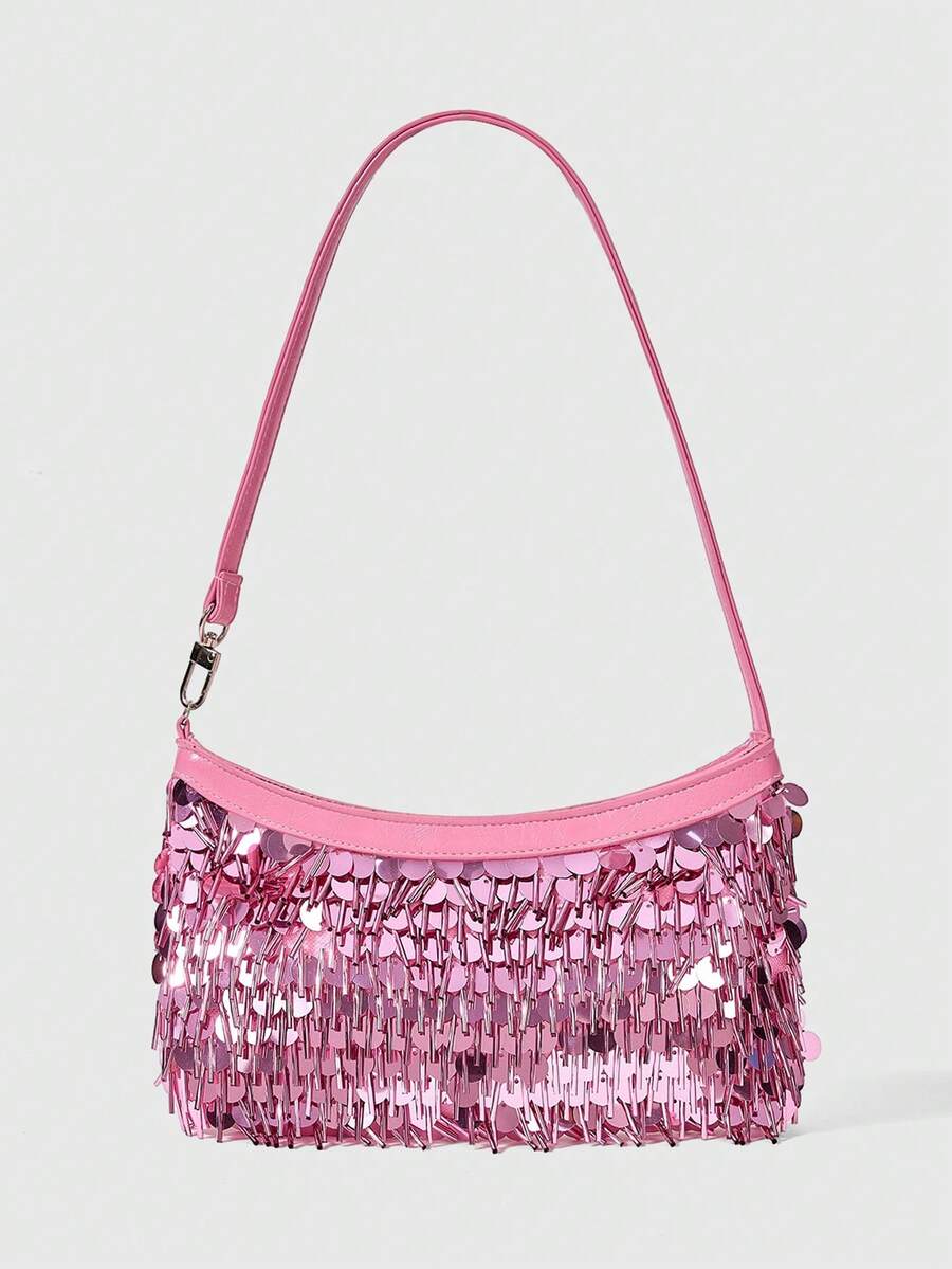 ROMWE Ladies Fashion Elegant Exquisite Classic Colored Sequins Rhinestone Shoulder Bag, Dinner Bag, Party Dating Banquet Wedding Ball Night Club - Pink - View 1