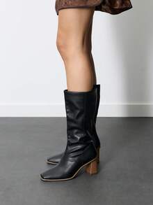 Nöista Retro Square Toe Thick Heel Boots Elegant Commuting Wood Grain Thick Heel High Boots Autumn And Winter Thin Versatile Square Toe Medium Heel Fall Boots - Black - View 1