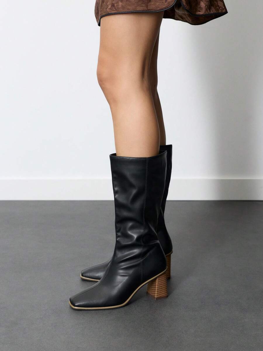 Nöista Retro Square Toe Thick Heel Boots Elegant Commuting Wood Grain Thick Heel High Boots Autumn And Winter Thin Versatile Square Toe Medium Heel Fall Boots - Black - View 1