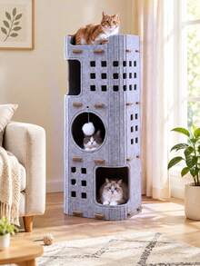 Hollowed-Out Felt Cat House, Multi-Level Ventilated Kitten Apartment Tree, All-Season Indoor‑Outdoor Cat Bed, With Built‑In Scratching Posts, Resting Areas, And Hiding Caves, Enclosed Cat Tower Villa, Durable Cat Furniture And Toy - Multicolor - View 7