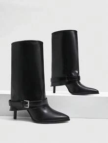 CUCCOO SZL Women's Autumn And Winter Pointed Heel Sleeve Simple Versatile Pile Boots Skinny Medium Boots - Black - View 1