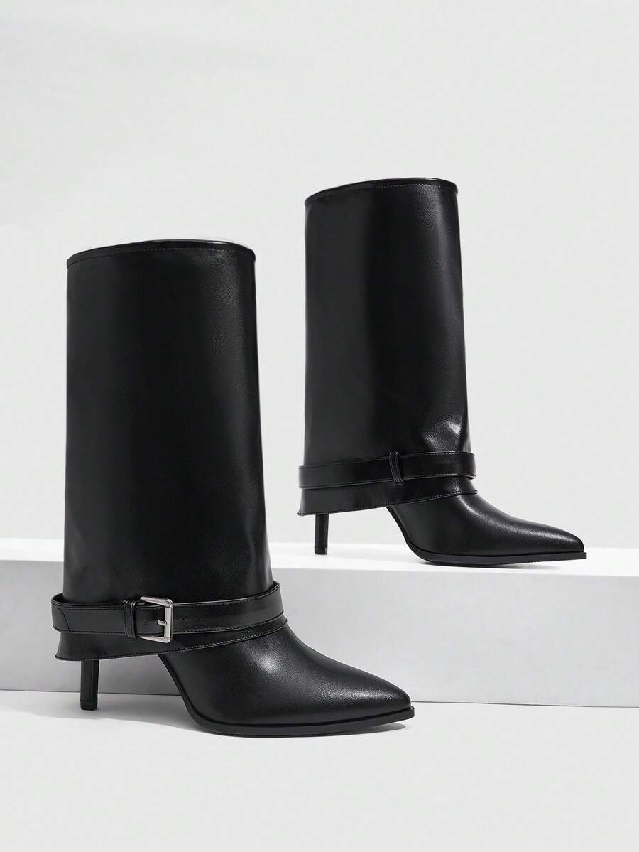 CUCCOO SZL Women's Autumn And Winter Pointed Heel Sleeve Simple Versatile Pile Boots Skinny Medium Boots - Black - View 1