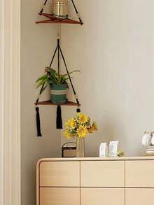 Bohemian Hand‑Woven Cotton Rope Triangle Wall Shelf, Wooden Craft Home Decor, Wall Hanging Storage Rack For Flower Pots - Black - View 6