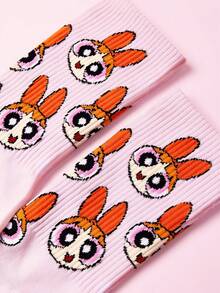 THE POWERPUFF GIRLS X SHEIN 1雙女款中筒襪，柔軟透氣、吸濕排汗休閒襪，卡通條紋圖案，時尚款 - 粉色 - 查看 3