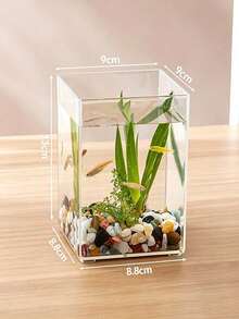 Haus Hana 1pc Square Ultra-Clear Plastic Fish Tank, Imitation Glass Aquarium, Mini Tank For Betta & Shrimp, Creative Desktop Decor - multicolor - View 13