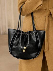 MOTF WOMEN'S FASHION BLACK TOTE BAG, EXQUISITE BALL PENDANT, CLASSIC RETRO OIL WAX SUCTION LARGE-CAPACITY SHOULDER BAG, FOR DAILY, COMMUTING, SHOPPING - Black - View 9