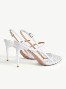 CUCCOO CHICEST Women's Fashion And Sexy Pointed Toe Round Vamp Back Empty Toe Rose Pattern Lace Fabric. High Heel Fine Heel Paint And Apricot Cross Mules - White - View 5