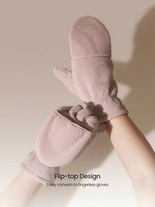 GLOWMODE Cozy Fleece Flip-Top Gloves With Convertible Fingerless Design & Logo Daily Casual Outdoor Fall Winter Wear - Pink - View 2