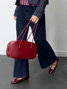 Nöista Burgundy Leather-Effect Shoulder Bag With Double Handles, Glossy Finish And Double Zip Compartments. - Burgundy - View 2