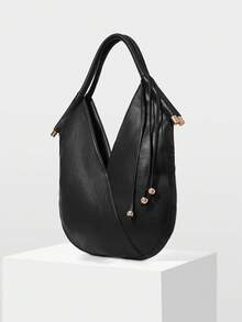 MOTF WOMEN'S FASHION BLACK SHOULDER BAG, WOVEN HANDLE FRINGED DECORATION, SIMPLE V-SHAPED ROUND TOTE BAG, FOR DAILY, COMMUTING, SHOPPING - Black - View 2