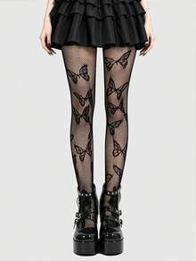 ROMWE 1 Pair Gothic Sweet Butterfly Pattern Fishnet Tights/Stockings, Halloween - Black - View 6