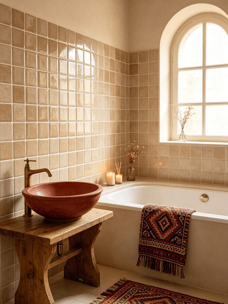 5pcs/6pcs 3D Waterproof Textured Vinyl DIY Wallpaper, Self-Adhesive Splash-Proof Tiles, Small Square Adhesive Tiles, Suitable For Home Decoration. - Beige - View 1