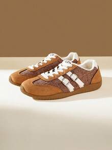 CUCCOO EASI Patchwork Toe Cap Vintage Beige & Brown Contrast Color Rubber Heel Lightweight Lace-Up Casual Sports Shoes - Brown - - View 6