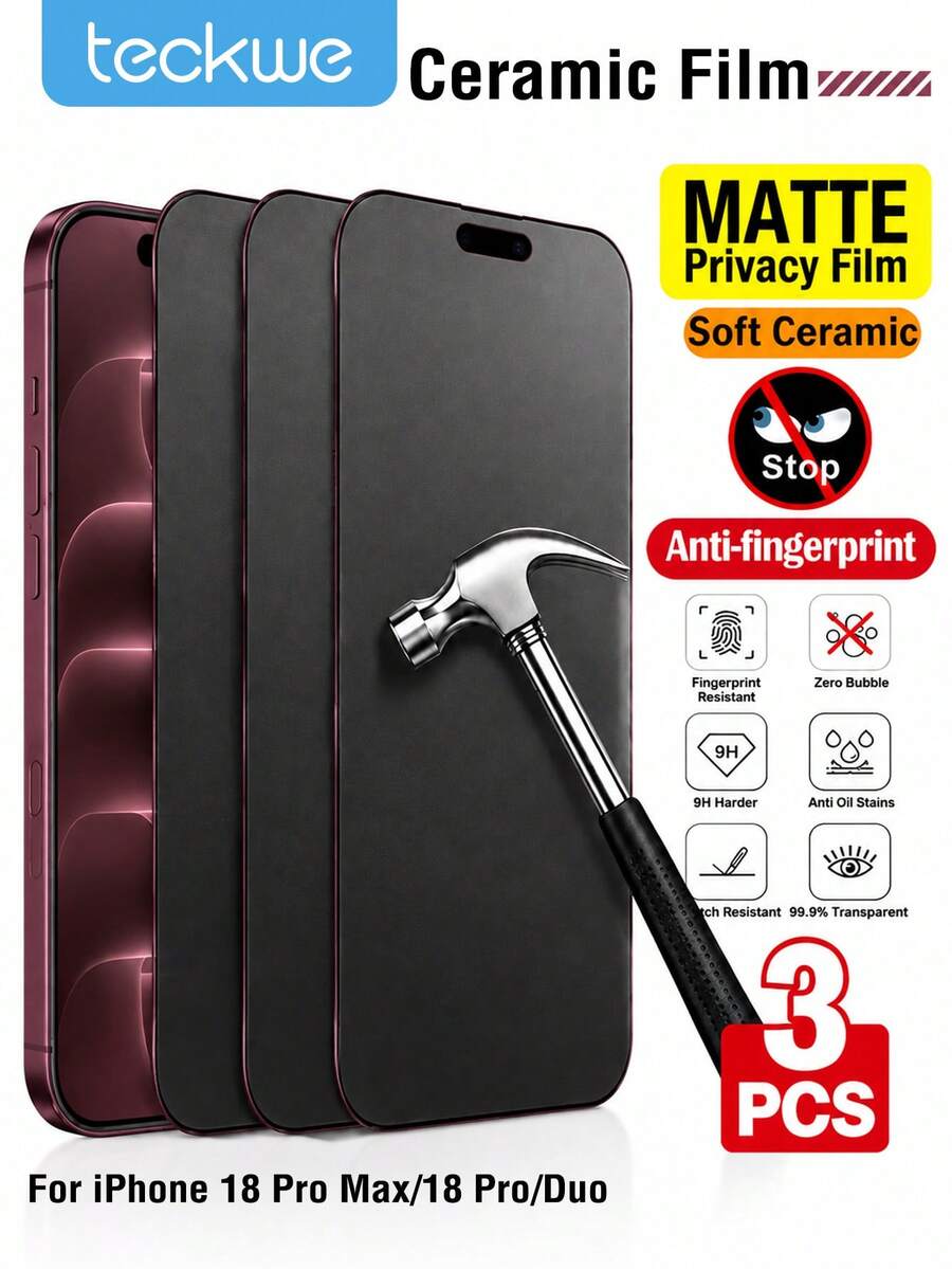 Teckwe 2pcs Matte Privacy Screen Protector, Full Coverage Anti-Peeping Anti-Glare Ceramic Film, Anti-Fingerprint, Phone Case Friendly, Compatible With IPhone 18 Pro Max/18 Pro/Duo/17 Pro Max/17 Air/16 Pro Max/16 Pro/16 Plus/16/15 Pro Max/14 Pro Max/13 Mini/12/11/XS Max/XR/8+/7 Plus, Non-Glass Material, TPU Soft Film - Black - View 1